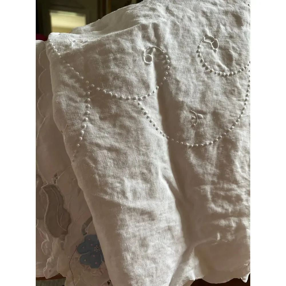 Vintage Hand Embroidered Tablecloth White floral blue linen cut out 98x58”